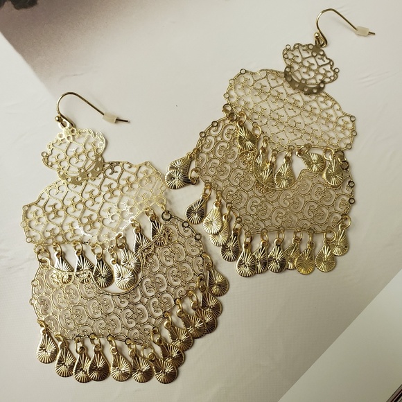 Moroccan Filigree BoHo Flat Chandelier Earrings - Picture 3 of 5